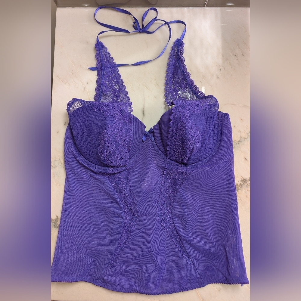 Purple Lace Mesh Corset Top | Sheer Halter Bustier Lingerie Camisole La Senza